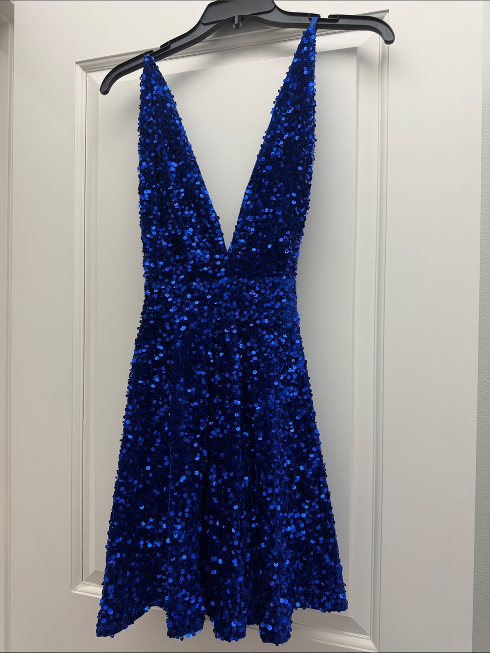 Royal Blue Sequin Plunge A-Line Prom Dress